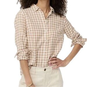 J Crew Shirt Women's M Tan Brown Gingham Check Cotton Long Sleeve Button Up